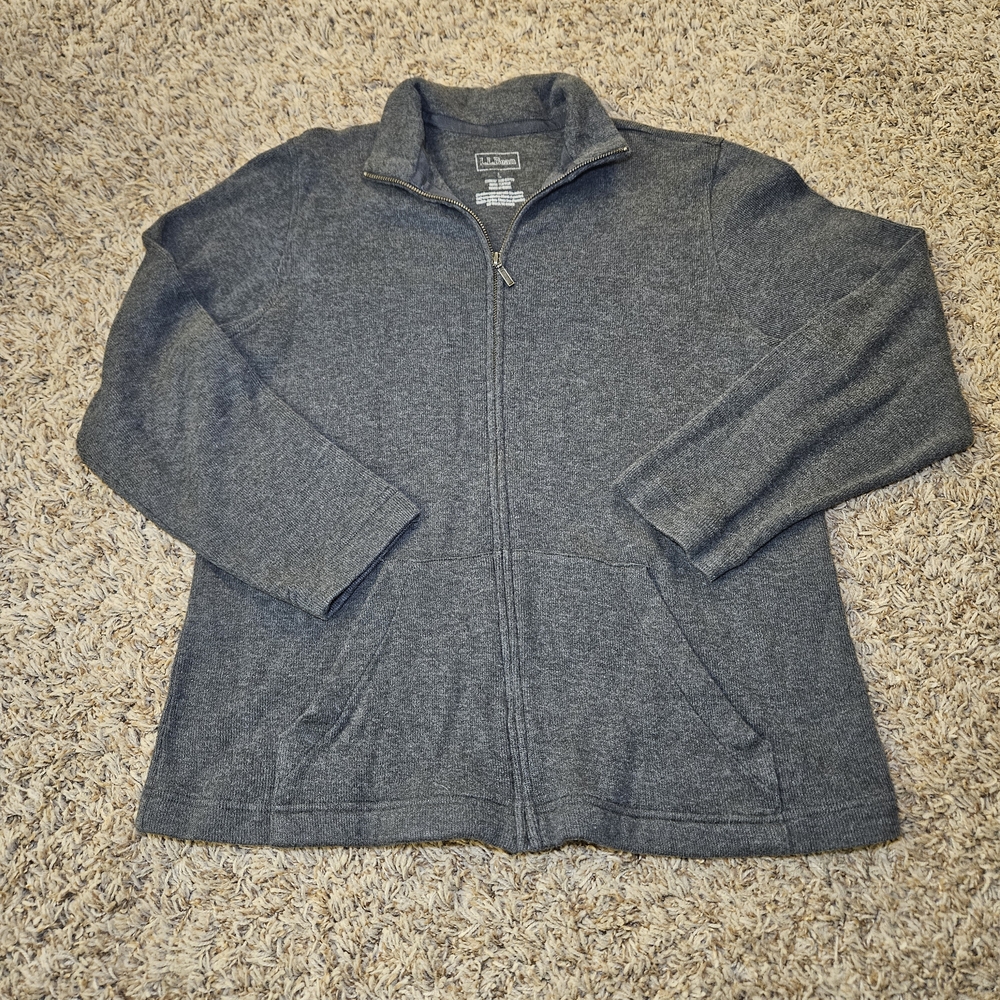 Women's LL Bean Gray Knit Full Zip Sweater Size L Reg Pockets Ribbed Cotton